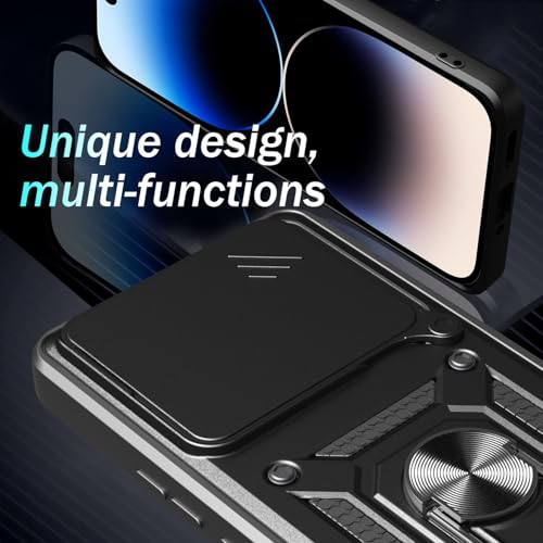 Image of SPAZY CASE iQOO Z9s Pro 5G / Vivo T3 Pro 5G Back Cover | Heavy Duty Hybrid Case with 360 Degree Rotating Finger Ring Holder + Slider Shutter Camera Protection Case - Black