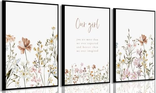 Image of 3 Pcs Wildflower Wall Art Poster print Girl Nursery Wall Decor Flower picture artwork Floral Botanical Painting for Baby Girl Nursery Office Inspirational Wall Decoration,Unframed12x16in
