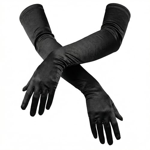 HLMYER Black Satin Long Gloves for Women - 21 Inch Opera Length Stretchy Elbow Gloves for 1920s Flapper Costume Wedding Ballroom & Evening Party
