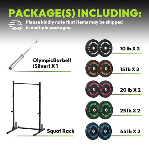 Image of HANDBODE Squat Rack, 7ft Barbell, Weight Plates Set 230 lb, Home Gym Equipment, Silver