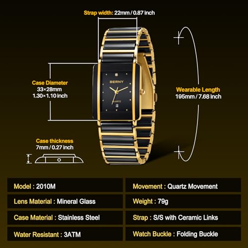 BERNY Men Analogue Black Band Quartz Watches Ceramic Bands Watch Rectangular Wristwatch Valentines Gift Lovers, Black, Quartz Watches,Quartz Movement