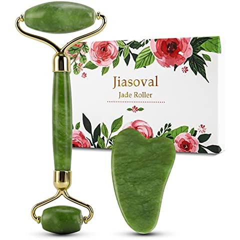 Jade Roller and Gua Sha Massager Tools, Jiasoval Anti-Aging Face Roller Massage, Facial Roller to Reduce Wrinkles, Eye Puffiness, Durable, Noiseless Stones Massager Kit for Face, Neck, Back, Leg Cover