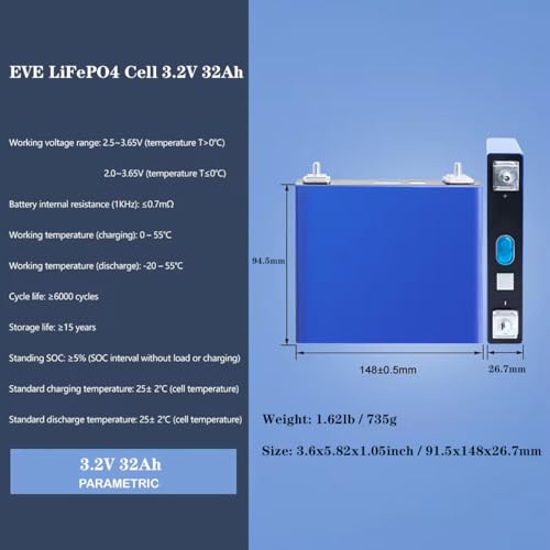 Image of EVE LiFePO4 Cell 3.2V 32Ah Grade A Deep Cycle Battery Lithium Iron Phosphate Rechargeable Battery Max.Continous Discharge 32A /1C,Included Screws and Bus Bars