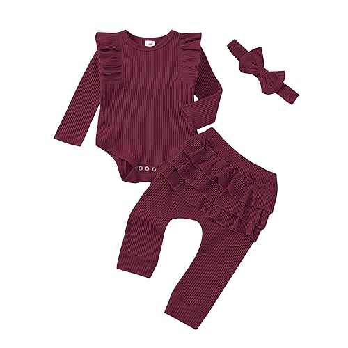 Image of Baby Girl Clothes Newborn Infant Fall Winter Outifts Ribbed Ruffle Long Sleeve Romper Pant Outfit Set 3pcs 0-18Months
