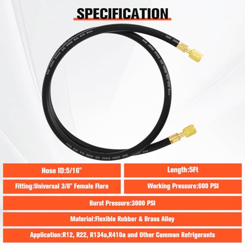Image of 3 /8 inch HVAC Vacuum Pump Hose 5FT, 3 /8 inch x 3 /8 inch SAE Fittings, 600 PSI Working Pressure 3000 PSI Burst, 15660 Flexible Rubber AC Charging Hose for R134A R410A R22 Refrigerant Systems