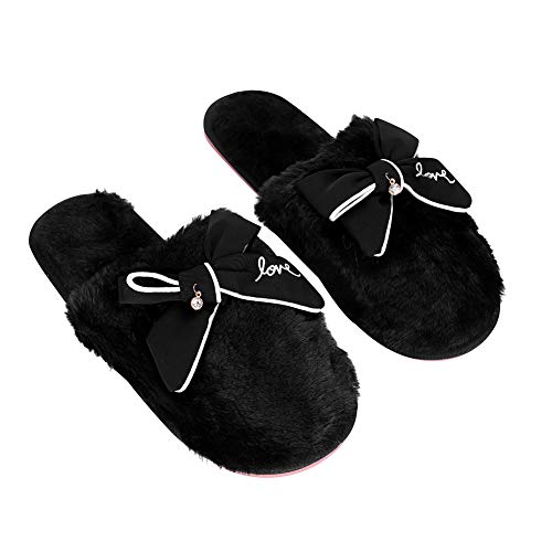 HAOZAIKEJI Women Warm Bowknot Slippers Girl Fashion Flat Slippers Closed Toed Home Floor Slippers Soft Non-Slip Sweet Warm Footwear