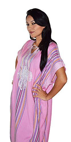 Moroccan Caftan Women Light Weight Linen Handmade with Embroidery Fits Small To Large Cover-up Lounge wear Ethnic Design Pink