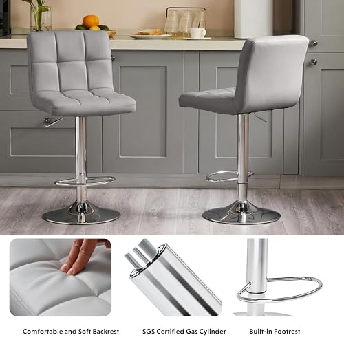 Image of HealSmart Bar Stools Set of 2, 24 inch Counter Height Stools, Modern Upholstered Kitchen Island Chairs with Sturdy Metal Base, PU Leather Saddle Seat Barstools, Grey