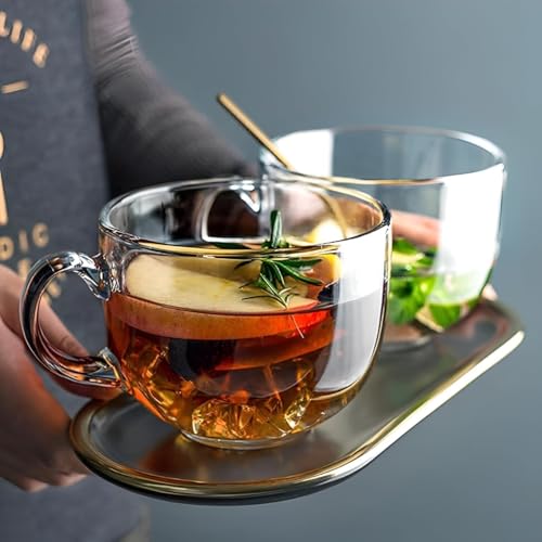 Image of OM RADHEY Glass Cup Set | 450 ml Tempered Glass Cups with Handle | Transparent Tea, Coffee, Milk Mugs | (Set of 4) Green Tea Mug, cappuccinos /Espresso Cup, Soup Bowl Jumbo /Big Milk Glass Cup