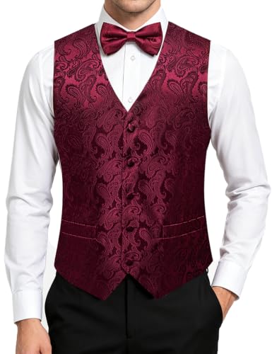 Image of DiBanGu Mens Paisley Suit Waistcoat,Silk Dress Vest and Bowtie Pocket Square Cufflinks with Lapel Pin Set for Wedding Tuxedo