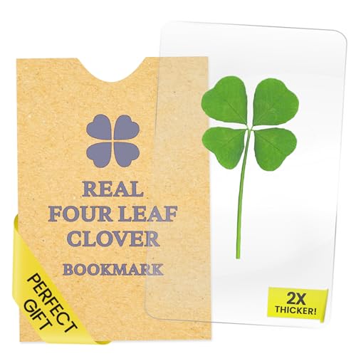 Real Four Leaf Clover Good Luck Charm - Bookmark Gift for Book Lovers - 4 Leaf Clover Card Symbolizing Hope Faith Love & Luck - Waterproof Lamination for Long Lasting Luck