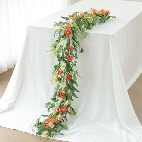 Mizii Red Artificial Flower Garland 6Ft Fake Poppy Floral Garland Hanging Vines Spring Summer Flowers Decorations For Mantle Table Centerpieces Room Wall Fireplace Wedding Decor (Red)