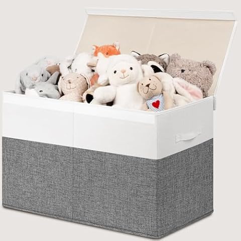 INDRESSME 25"x13"x16" Large Toy Storage Box with Lid, Toy Storage Organizer Toy Storage Basket with Dividers for Playroom, Bedroom, Closet, Toy Bin for Kids Baby Boys Girls (Grey & White) Cover