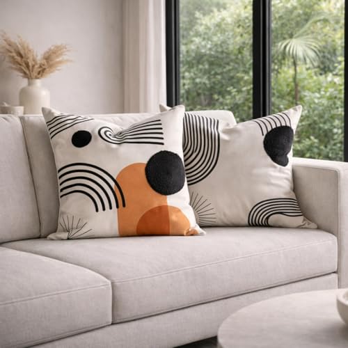 AYAY Decorative boho pillow covers 18x18 –throw pillows for couch bed, set of 2 Boho cases textured tufted and printed abstract,soft with velvet touch pillows washable indoor cover bedroom pillowcases