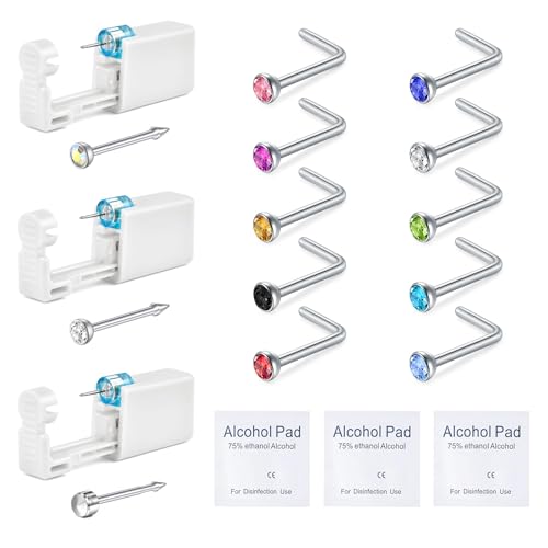 Nose Piercing Kit with Nose Rings 3 Pack Self Nose Piercing Gun Disposable Safety Nose Piercing Kit with L-Shape Nose Rings Stud CZ Nose Piercings Gun Kit Tool