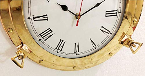 Nagina International 12" Antique Marine Solid Brass Ship Porthole Analog Clock Nautical Wall Hanging Clock Home Decor