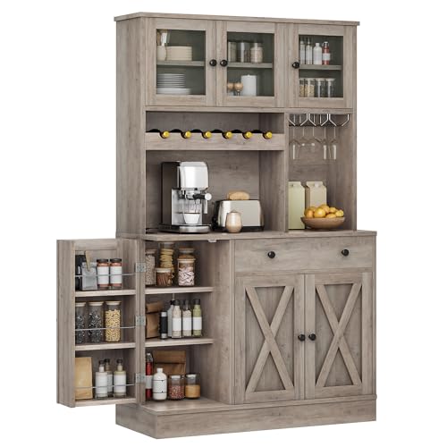 DWVO 71''H Kitchen Pantry Cabinet with Drawer, Doors, Goblet Holder, Wine Rack for Storage, Pantry Cabinet with Power Outlet for Kitchen & Living Room (Grey Oak)