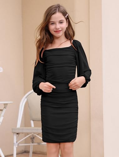 IBTOM CASTLE Girls Mesh Long Sleeve Ruched Bodycon Dress Teen Homecoming Dance Party Formal Prom Cocktail Dresses3