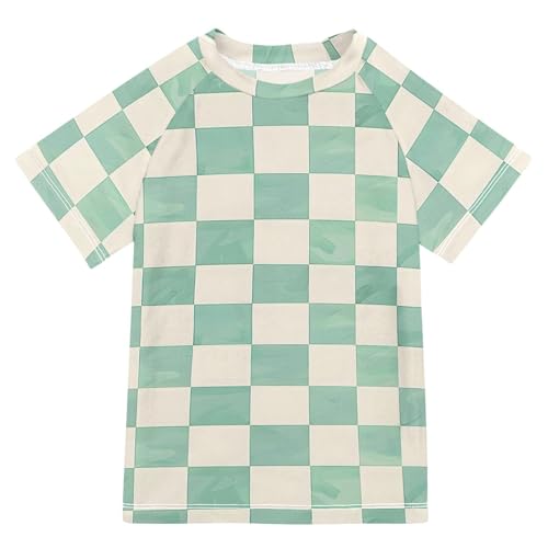 ALAZA Boys Rash Guard Swimming Shirt for Boys Short Sleeve Mint Cream Checked UPF 50+ 5-6T