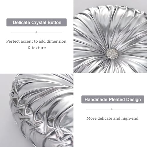 Image of HIG Set of 2 Handcrafted Silver Ruched Round Throw Pillows - 14.5'' Metallic Leather Decorative Pillows with Soft Polyester Filling for Couch, Bed, Living Room, Bedroom, or Dorm