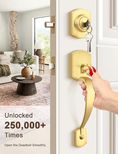 Image of Tinewa Camelot Brushed Gold Front Door Handle and Deadbolt Set, Front Door Lock Set, Satin Brass Finish, Upgated Entry Door Handle with Accent Wave Door Lever with Reversible Handle Lever, 1 Pack