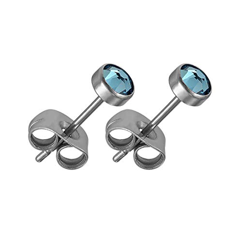 Titanium Bezel Earrings with 4 mm Swarovski Crystal - Hypoallergenic For Sensitive Ears (Lite Blue)
