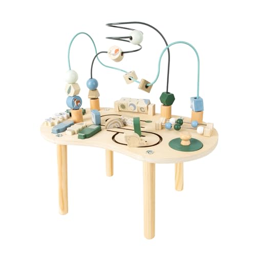 Funsland Wooden Activity Table for Kid: 7 IN 1 Montessori Toy for Toddler 1 2 3 Year Old with Bead Maze Shape Sorter and Orbit Maze - Educational Sensory Game & Gift