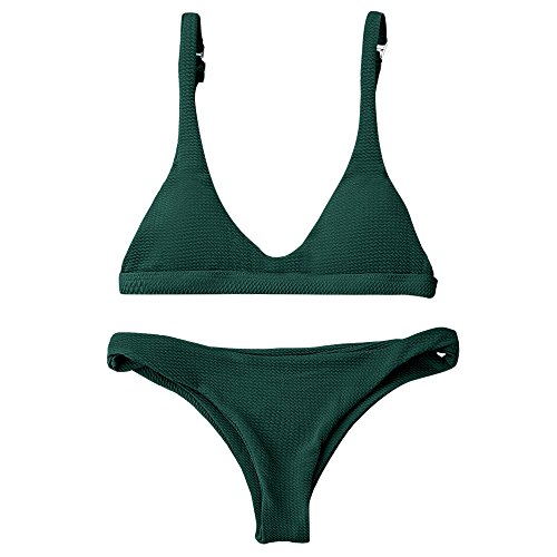 ZAFUL Women Padded Scoop Neck 2 Pieces Push Up Swimsuit Revealing Thong Bikinis V Bottom Style Brazilian Bottom Bra Sets(Green S)
