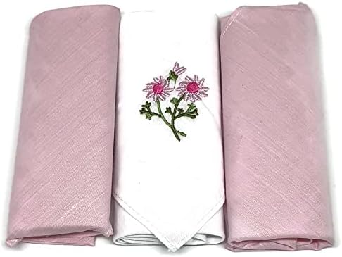 AnucciLadies & Girls Beautiful Floral Pink & White Embroidered 3 Handkerchief Gift Set (3 Pack)