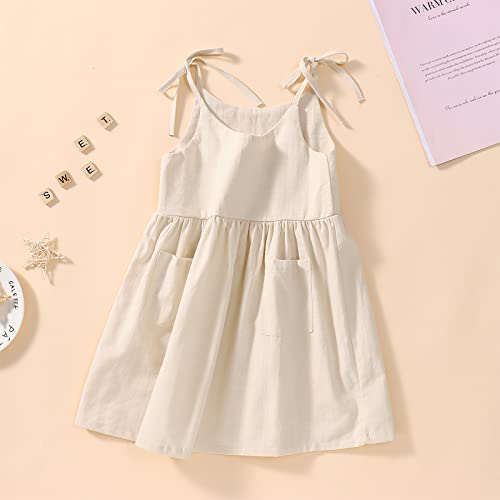 IZYJOY Toddler Baby Girl Summer Cotton Linen White Dresses Bow Straps Sleeveless with Pockets Little Girls Beach Sundress2