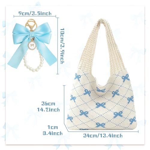 Image of JeVenis Pink Crochet Tote Coquette Bow Aesthetic Hobo Bag for Women Beach Mesh Knitted Shoulder Bag Boho Shoulder Handbag