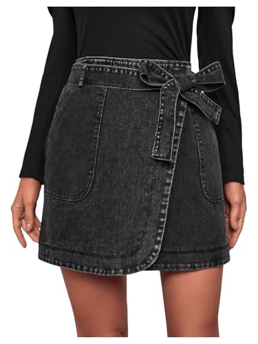 MakeMeChic Women's Denim Skirt Wrap Belted Y2K Mini Jean Skirt with Pockets