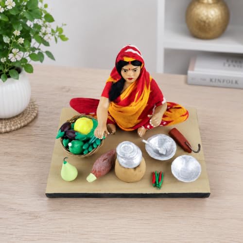 Image of Krishnanagar Handmade Clay Gift & Decor | Standard- Sitting Human Figure Miniature Idol - Mother's Hand Cooking, 10 cm