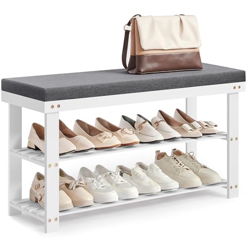 SONGMICS Bamboo Shoe Bench, 3-Tier Shoe Rack Organizer for Entryway, Living Room, Bench Seat Holds Up to 300 lb, 11.9 x 35.4 x 19.2 Inches, Cloud White and Slate Gray ULBS904W01