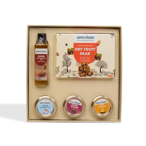 Image of Anveshan Diwali Gift hamper - Dry Fruit Paak, A2 Desi Cow Ghee, Wood-Pressed Groundnut Oil, Cold Pressed Virgin Coconut Oil & Mishri Gulkand | Festive Gift Box | Hamper For Gifting