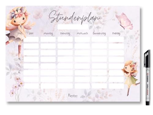 Magnetischer Stundenplan für Mädchen A4 florales Feen-Design abwischbar und wiederverwendbar für Kühlschrank Boho Wochenplaner Schule Geschenk Einschulung (Magnetischer Stundenplan inkl. Stift)