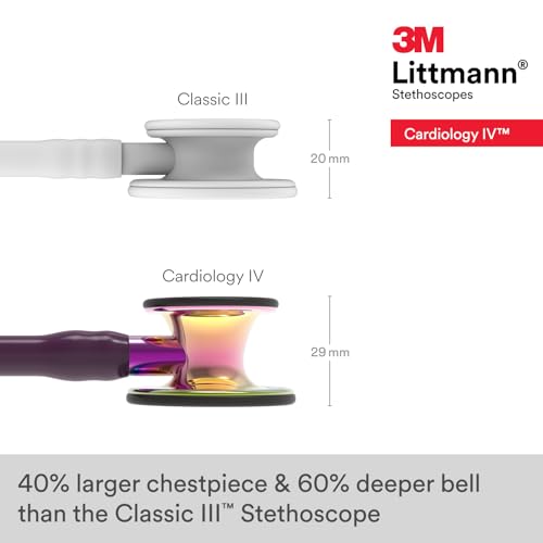 Image of 3M Littmann Cardiology IV Diagnostic Stethoscope,6239,More Than 2X as Loud,Weighs Less,Stainless Steel High Polish Rainbow-Finish Chestpiece,27 inch Plum Tube,Violet Stem and Black Headset (Pack of 3)