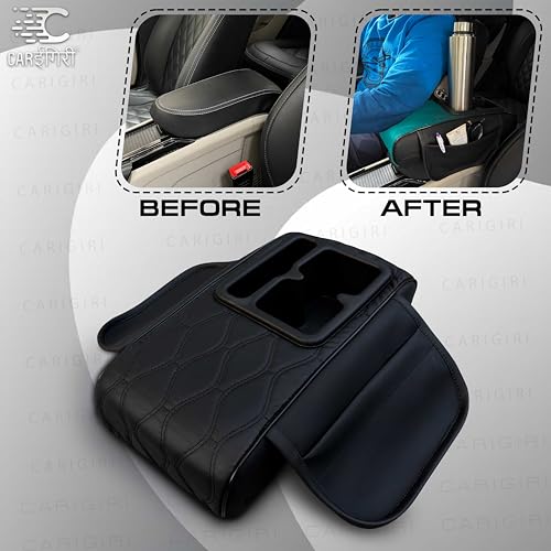Image of Carigiri Nappa Leatherette,Foam ComfiRest Pro Car Armrest Cushion with Cup Holder| Arm Cushion| Universal for All Cars|Armrest with Mobile Holder (Black,Utility Pockets,Dual Cup Holder,Mobile Holder)