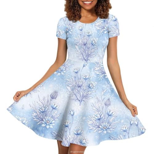 Image of POLERO Sunflower Dress for Women Floral Summer Dresses Short Sleeve Casual Sundresses Midi Dresses
