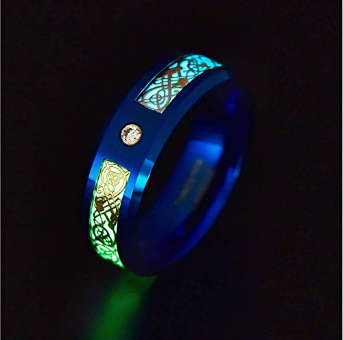 Image of 8mm Glow in The Dark Dragon Ring Royal Blue Stainless Steel Wedding Band Celtic Dragons Aurora Luminous Ring