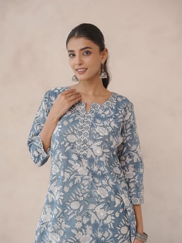Image of GOODHAND Pure Cotton Floral Printed Long Kurta for Women | Straight Fit Ethnic Kurta | Round Neck 3 /4 Sleeve Kurta