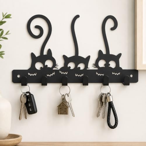 Image of Key Holder for Home, Metal Wall Mounted, 6 Hooks (Kitty Pow) | Cat Design, Includes Mounting Screws, For Home Use, 6 Hook Hanger, Metal Construction