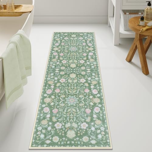 Uphome Bathroom Runner Green Floral Long Bath Mat Ultra Soft Machine Washable Large Bathroom Rugs Non-Slip Boho Vintage Floral Bath Rugs for Entryway Bedroom Hallway, 20x60 inch