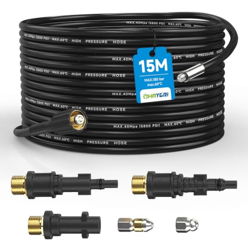 15M Tuyau Déboucheur Canalisation pour Nettoyeur Haute Pression Kärcher K2 K3 K4 K5 K6 K7 HD HDs, 180Bar Kit Furet Professional avec Buse à Jet et Rotatif & Adaptateurs pour Lavor Parkside & Bosch