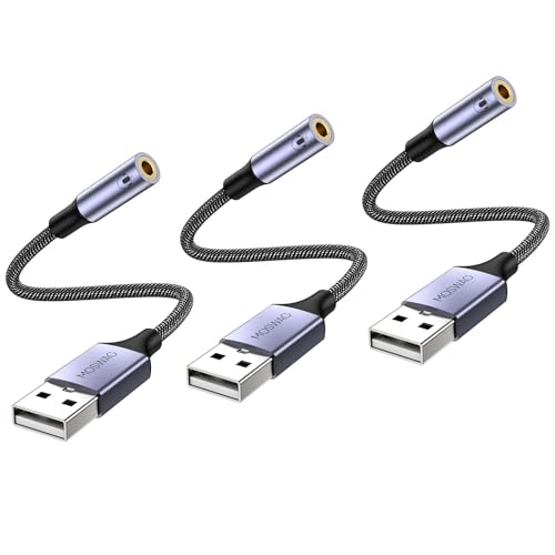 Image of MOSWAG USB to 3.5mm Jack Audio Adapter, USB to Aux Cable with TRRS 4-Pole Mic-Supported External Sound Card for PC, PS4, PS5 (3-Pack, 0.65Ft /20cm, Nylon Braided)