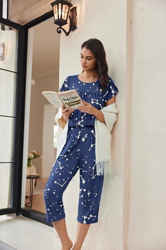 Image of Ekouaer Womens Pajama Set Short Sleeve Sleepwear Pleated Floral Pjs Set Capri Pants Lounge Sets with Pockets S-XXL