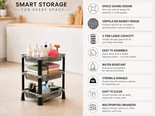 Image of KITCHIVO Multipurpose Storage Organizer Slim Rack Shelf with Wheels for Living Room, Office, Bedroom, Bathroom, Kids Room, Kitchen Trolley (Grey, 3 Layer)