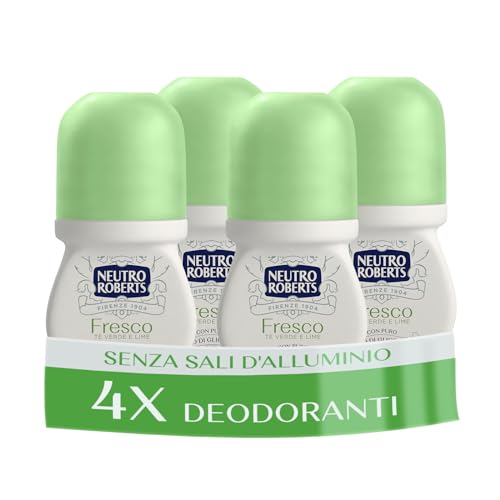 Neutro Roberts, Deodorante Roll On Fresco Verde, Té Verde e Lime, Zero Sali di Alluminio, Zero Macchie, Con Puro Olio di Glicerina, Deo Uomo e Donna, Plastica 100% riciclata, 48h - 4 Pezzi da 50 ml