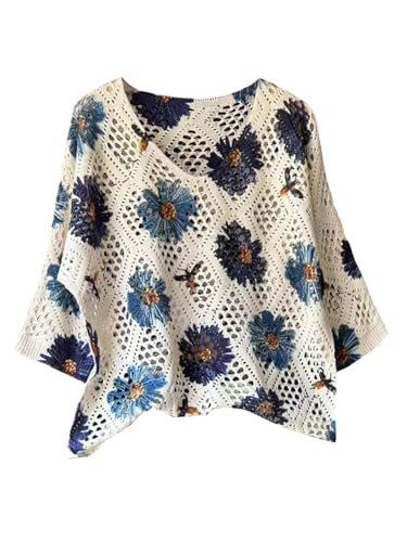 GORGLITTER Women's Hollow Out Floral Crochet Sweater V Neck 3/4 Sleeve Boho Knitwear Tops