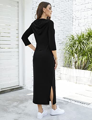 Image of MISSKY Women Casual Pocket Quarter-Zip Neck 3 /4 Sleeve Slim Split Pullover Hoodie Maxi Dress